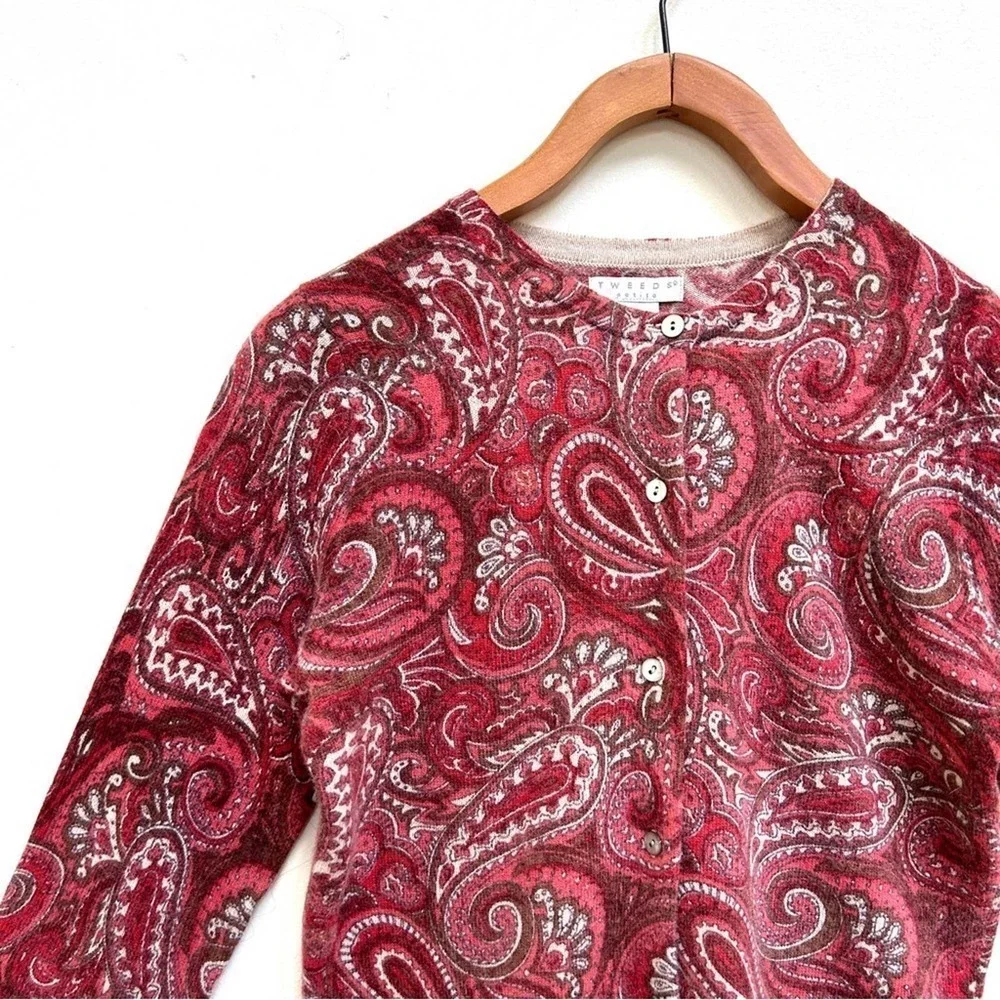 Tweeds Lambs Wool Angora Blend Red Pink Paisley 3/4 Sleeve Cardigan Size Small P